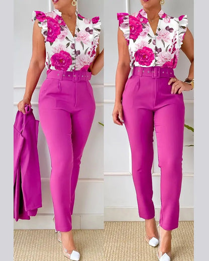 Fashion Printed Lotus Sleeve Top and Pants