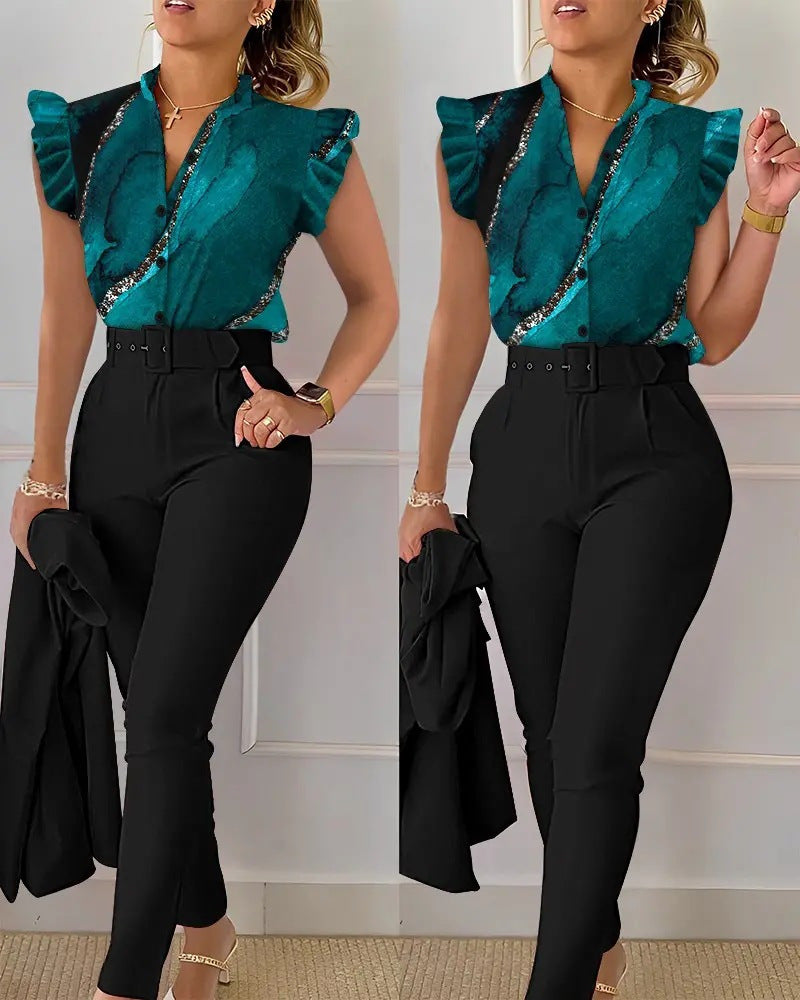Fashion Printed Lotus Sleeve Top and Pants