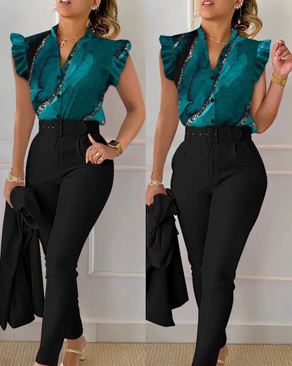 Fashion Printed Lotus Sleeve Top and Pants
