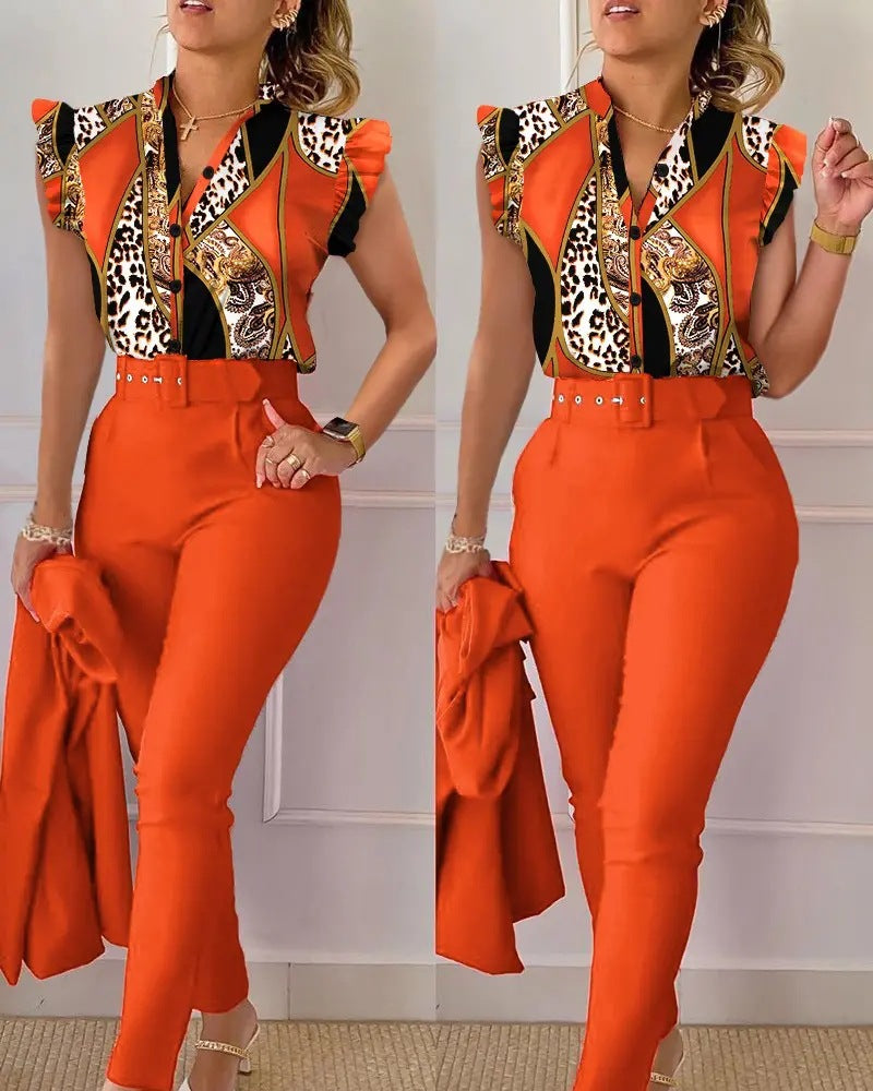 Fashion Printed Lotus Sleeve Top and Pants