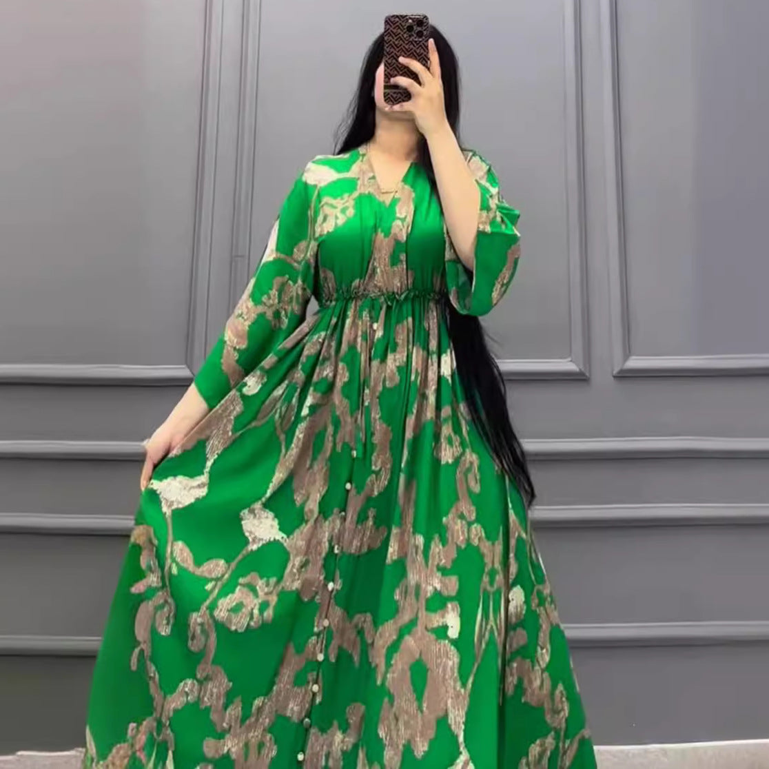 Fashion Printed Slim V Neck Muslim Robe Dress