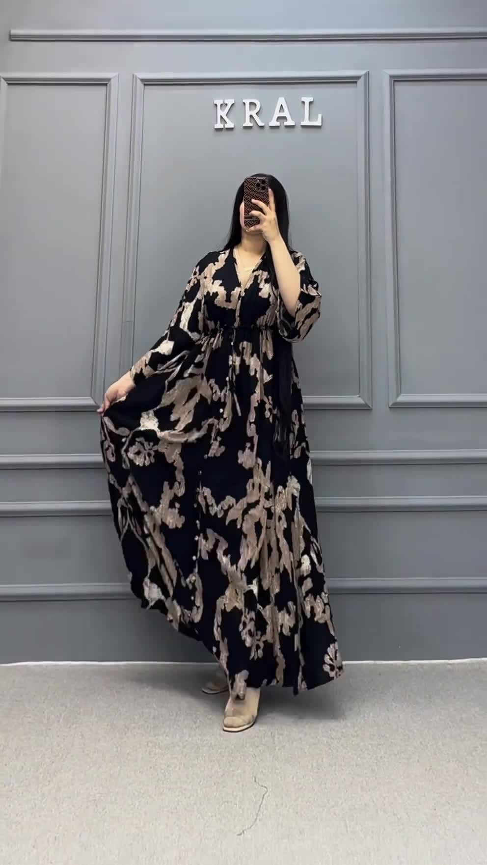 Fashion Printed Slim V Neck Muslim Robe Dress