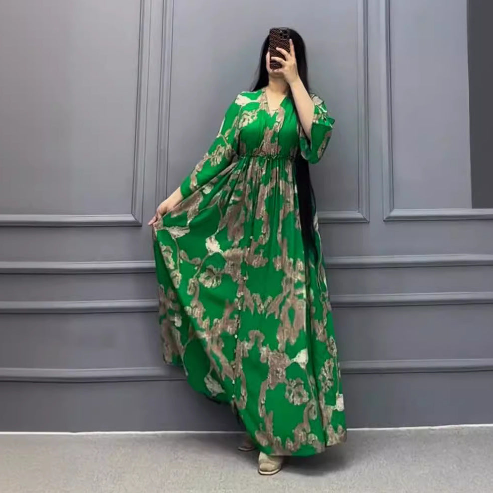 Fashion Printed Slim V Neck Muslim Robe Dress