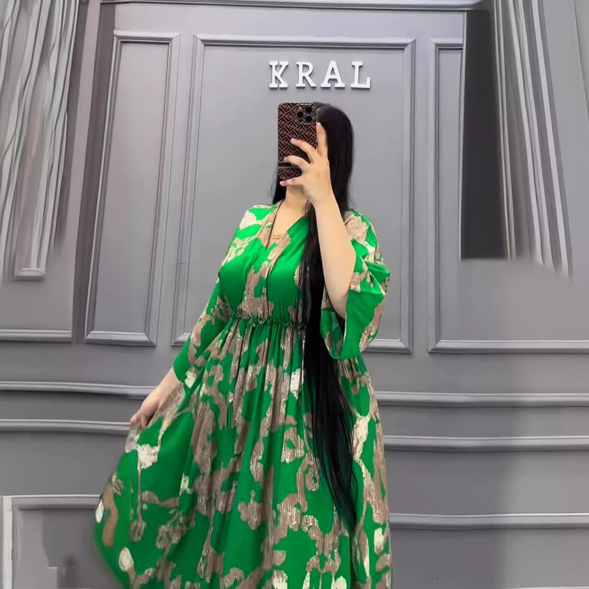 Fashion Printed Slim V Neck Muslim Robe Dress