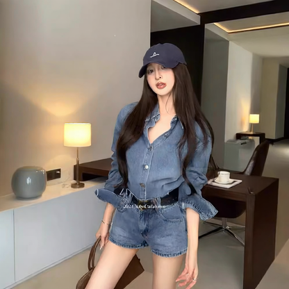 Fashion Retro Denim Shirt and Shorts Set