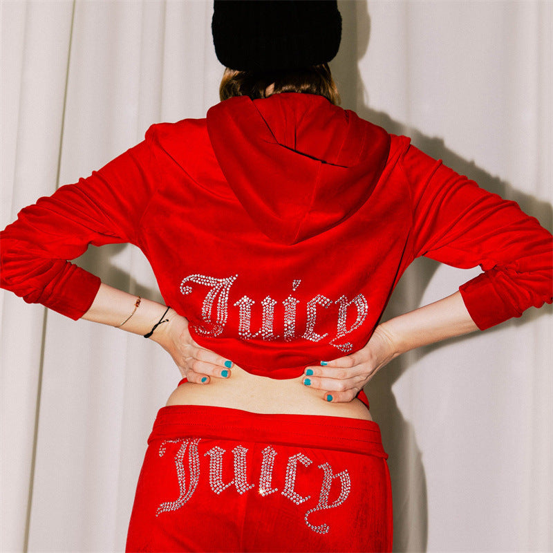 Fashion Rhinestone Velvet Sportswear Set