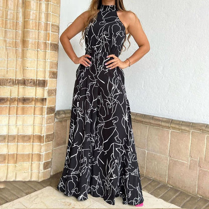 Fashion Round Neck Lace-Up Slim Printed Jumpsuit