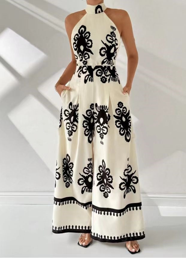 Fashion Round Neck Lace-Up Slim Printed Jumpsuit