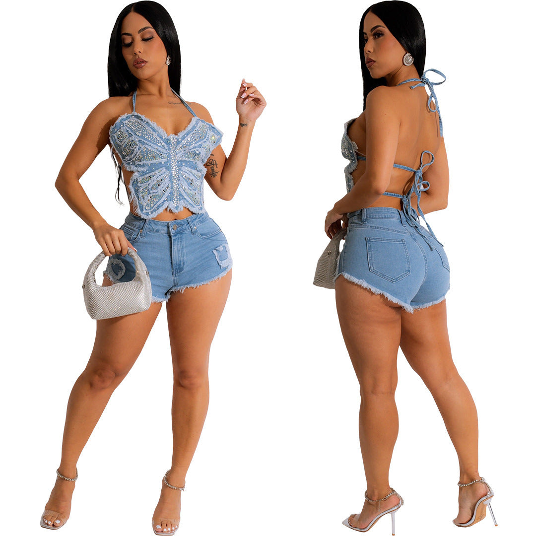 Fashion Sexy Halter Top Denim Shorts