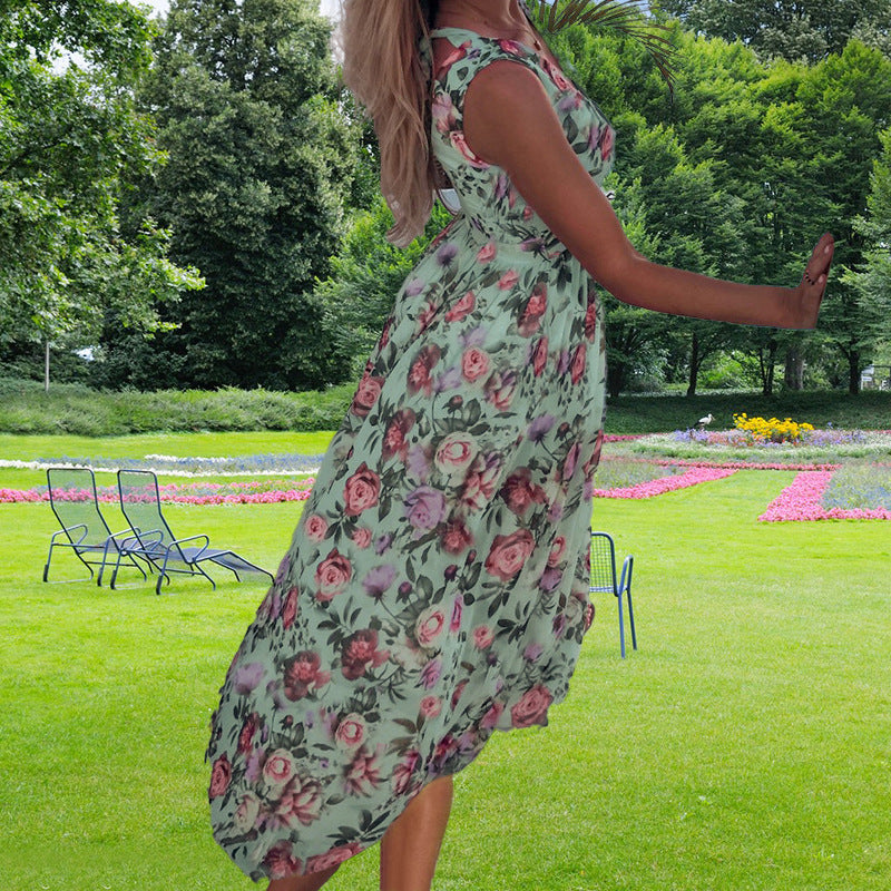 fashion V-neck sleeveless printed dress lace-up split skirt