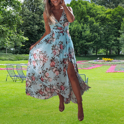 fashion V-neck sleeveless printed dress lace-up split skirt