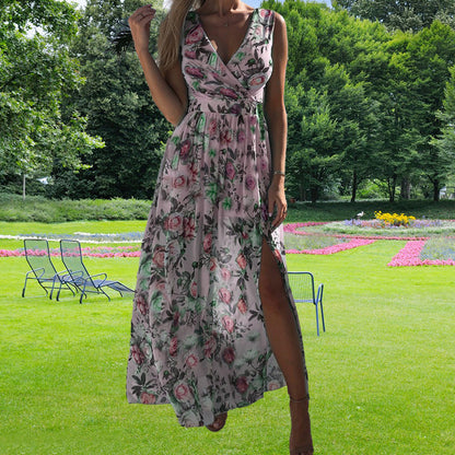 fashion V-neck sleeveless printed dress lace-up split skirt