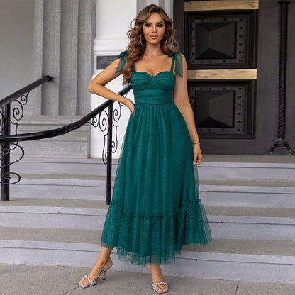 Fashion Women's Lace-up Shoulder Pleated Mesh Dress