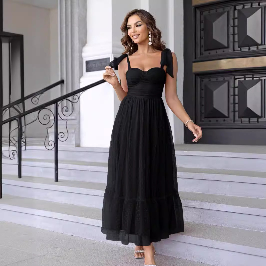 Fashion Women's Lace-up Shoulder Pleated Mesh Dress