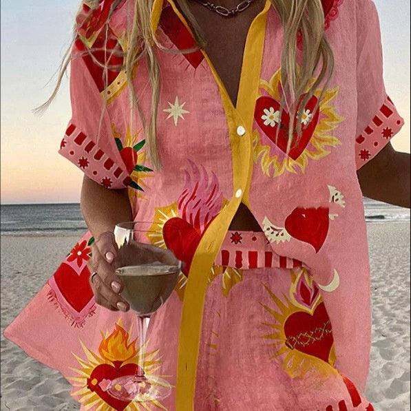 fashion women's printed loose short sleeve shirt shorts