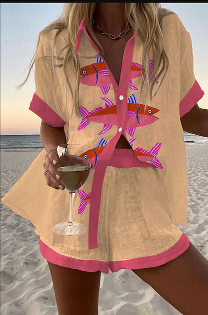 fashion women's printed loose short sleeve shirt shorts