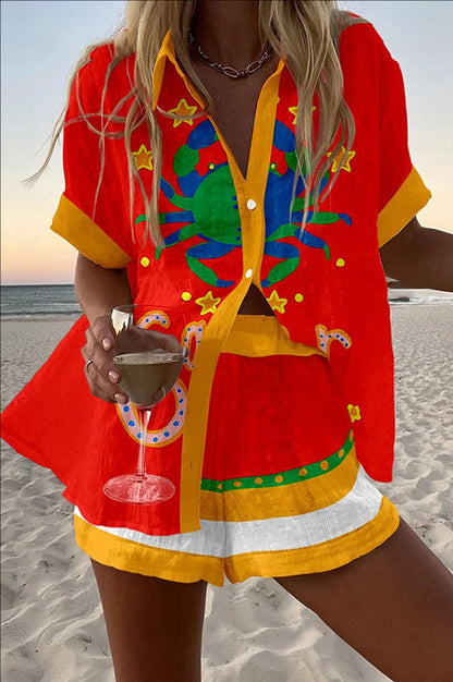 fashion women's printed loose short sleeve shirt shorts