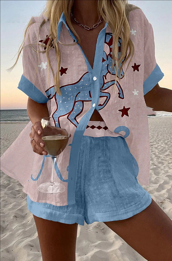fashion women's printed loose short sleeve shirt shorts