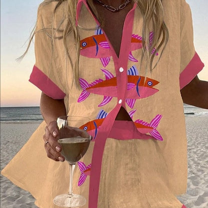 fashion women's printed loose short sleeve shirt shorts