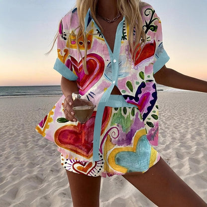 fashion women's printed loose short sleeve shirt shorts