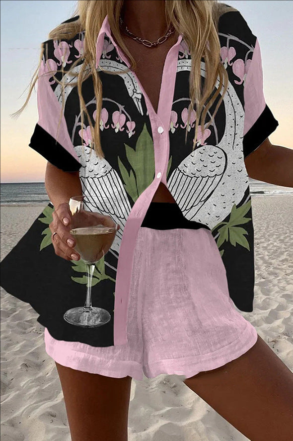 fashion women's printed loose short sleeve shirt shorts