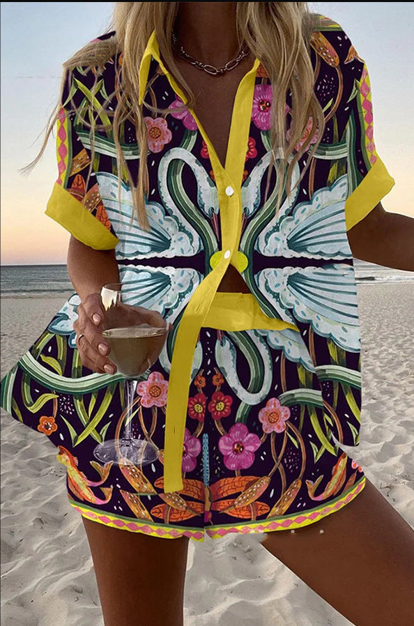fashion women's printed loose short sleeve shirt shorts
