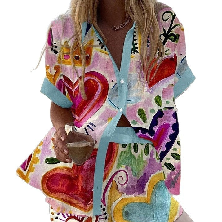 fashion women's printed loose short sleeve shirt shorts