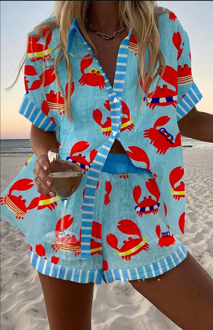 fashion women's printed loose short sleeve shirt shorts