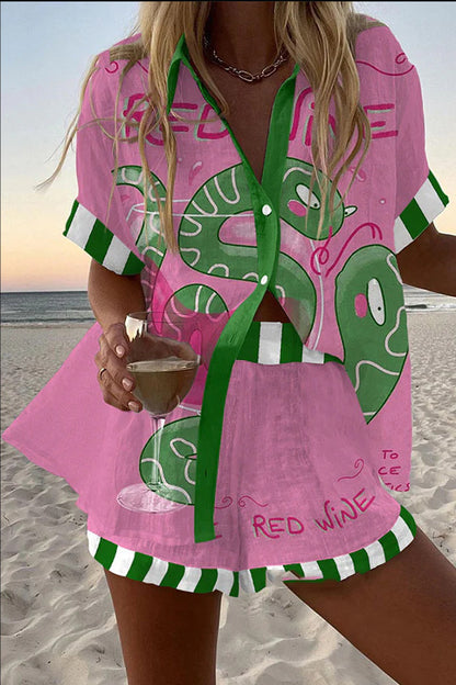 fashion women's printed loose short sleeve shirt shorts