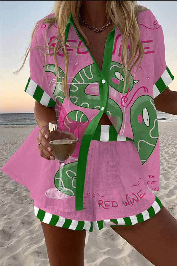 fashion women's printed loose short sleeve shirt shorts