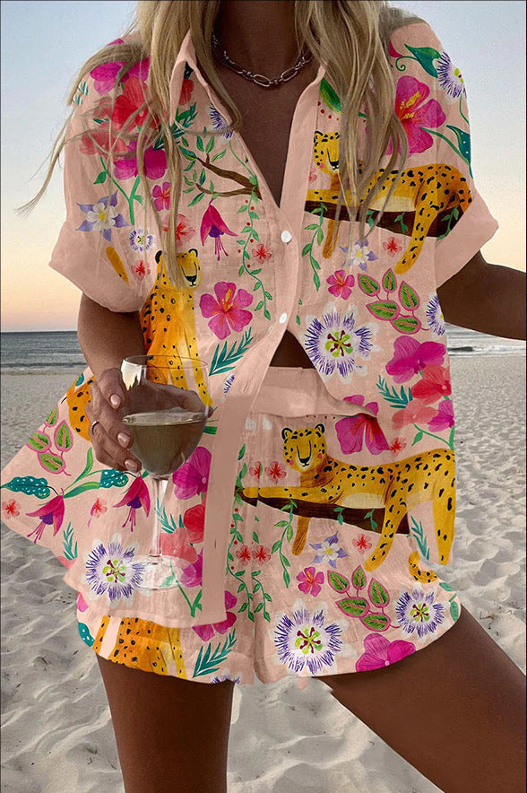 fashion women's printed loose short sleeve shirt shorts