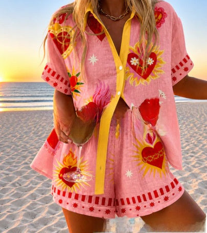 fashion women's printed loose short sleeve shirt shorts
