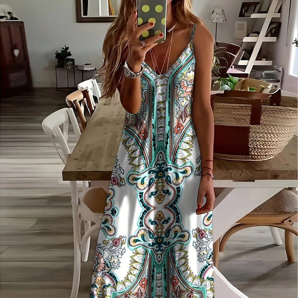 Fashionable and casual women's clothing printed halter long dress with a big swing