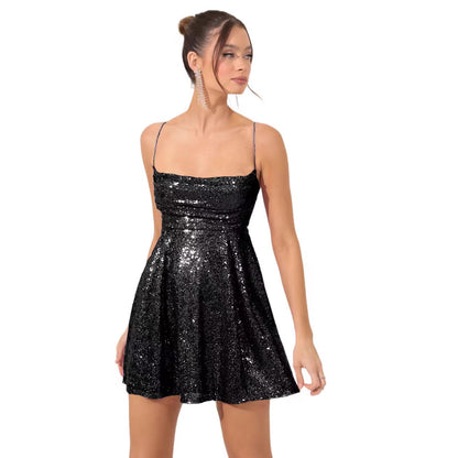Fashionable and sexy halter sequined bow dress