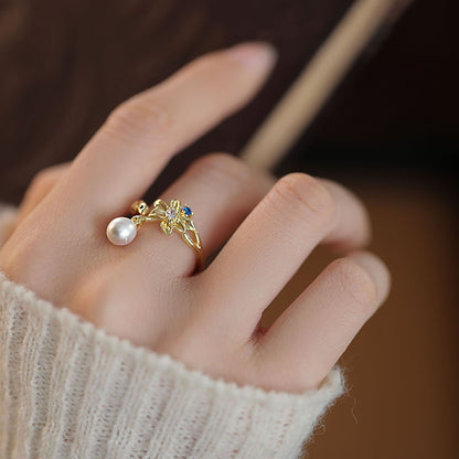 Fashionable artificial pearl zircon flower ring