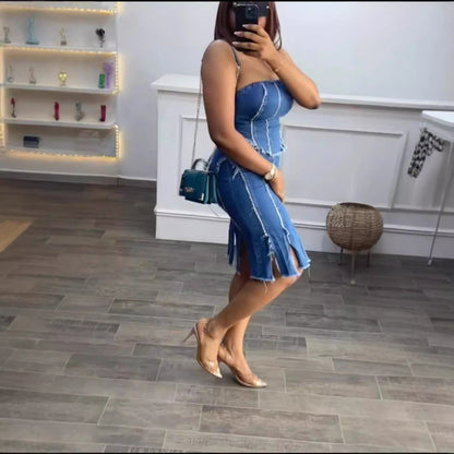 Fashionable Denim Tube Top and Skirt Set