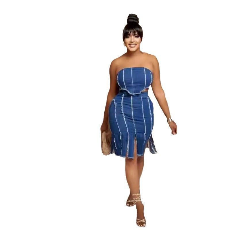 Fashionable Denim Tube Top and Skirt Set