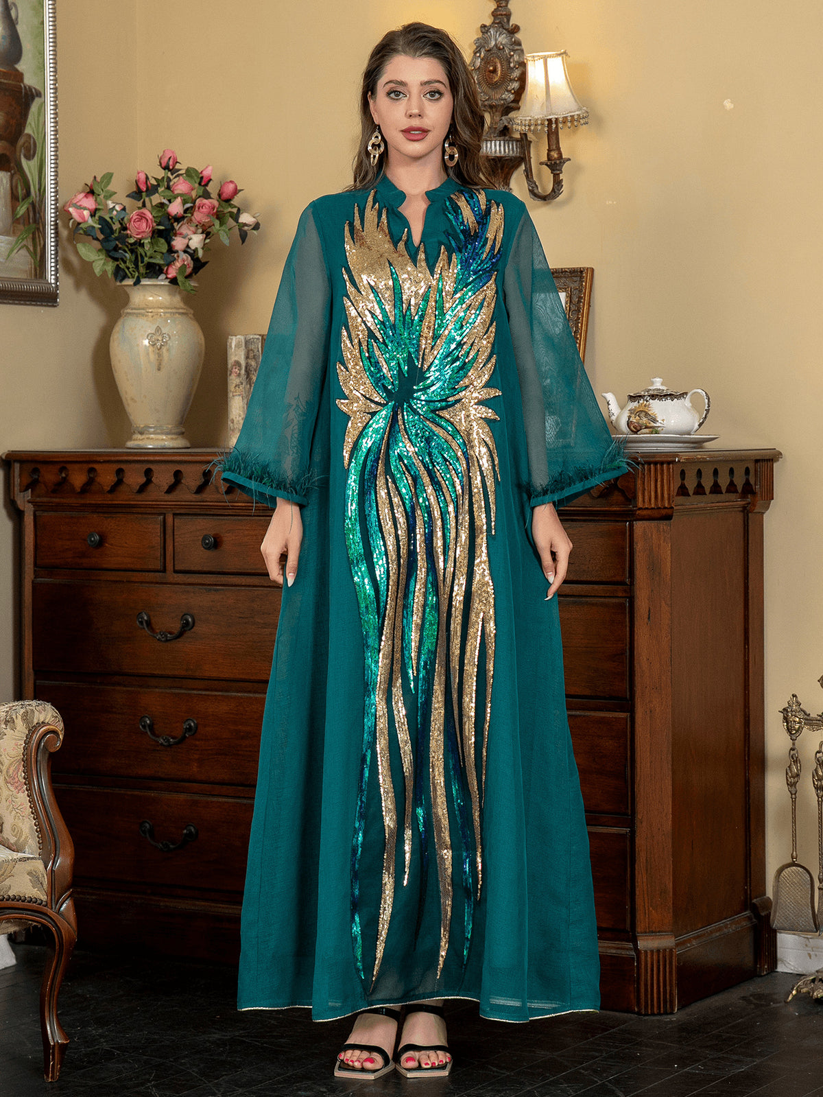 Fashionable ostrich fur sequined dress