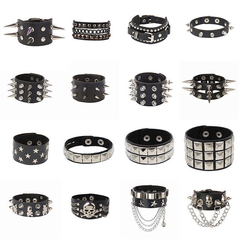 Fashionable punk gothic skull studded leather bracelet