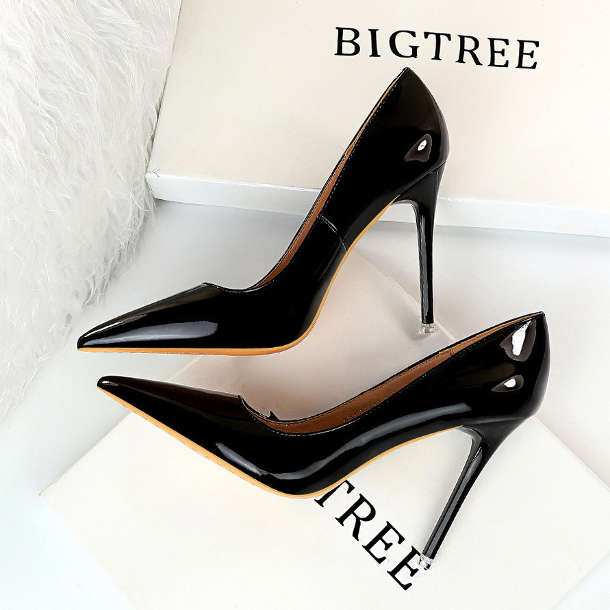 Fashionable slim heel glossy pointed women's single shoes