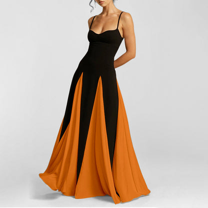 Fashionable Suspender Contrast Color Loose Swing High Waist Dress