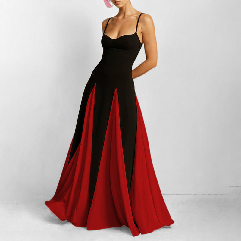 Fashionable Suspender Contrast Color Loose Swing High Waist Dress