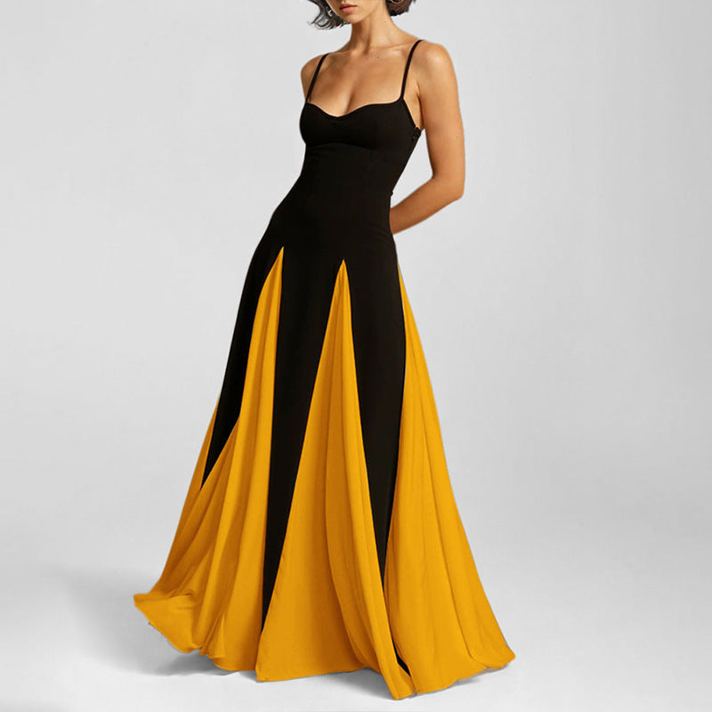 Fashionable Suspender Contrast Color Loose Swing High Waist Dress
