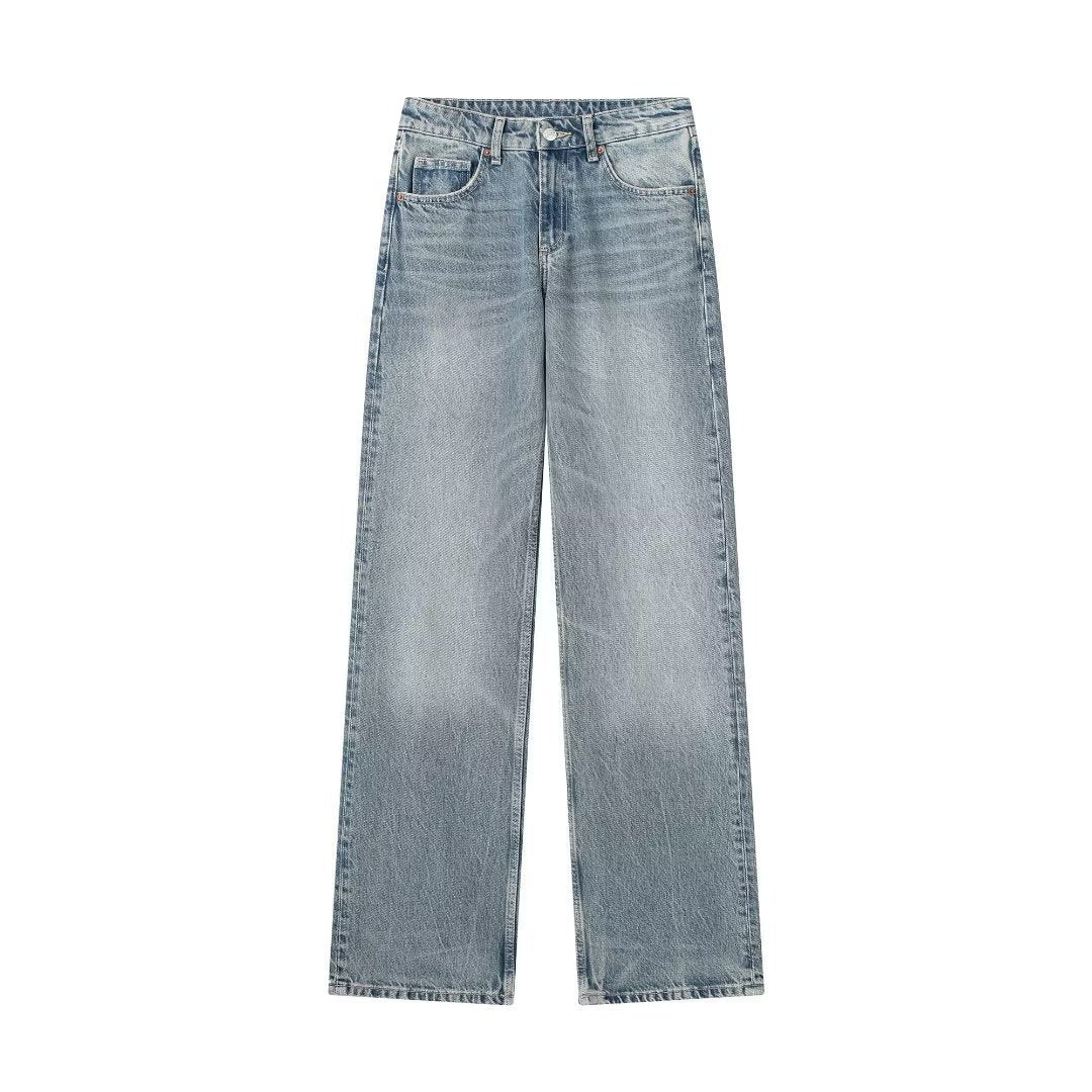 Fashionable wide-leg mid-waist long jeans for women