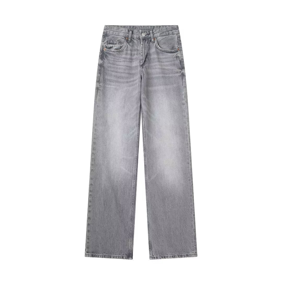 Fashionable wide-leg mid-waist long jeans for women