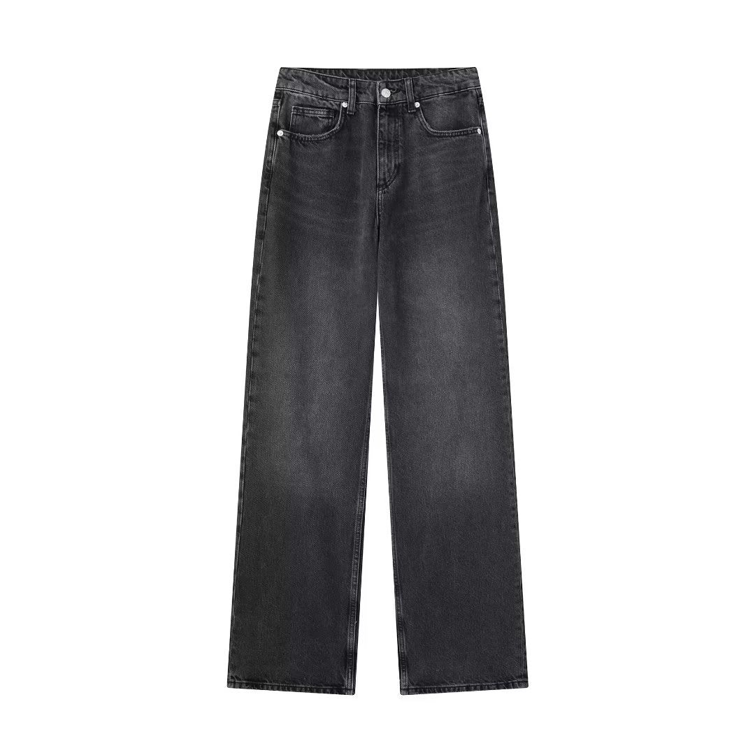 Fashionable wide-leg mid-waist long jeans for women
