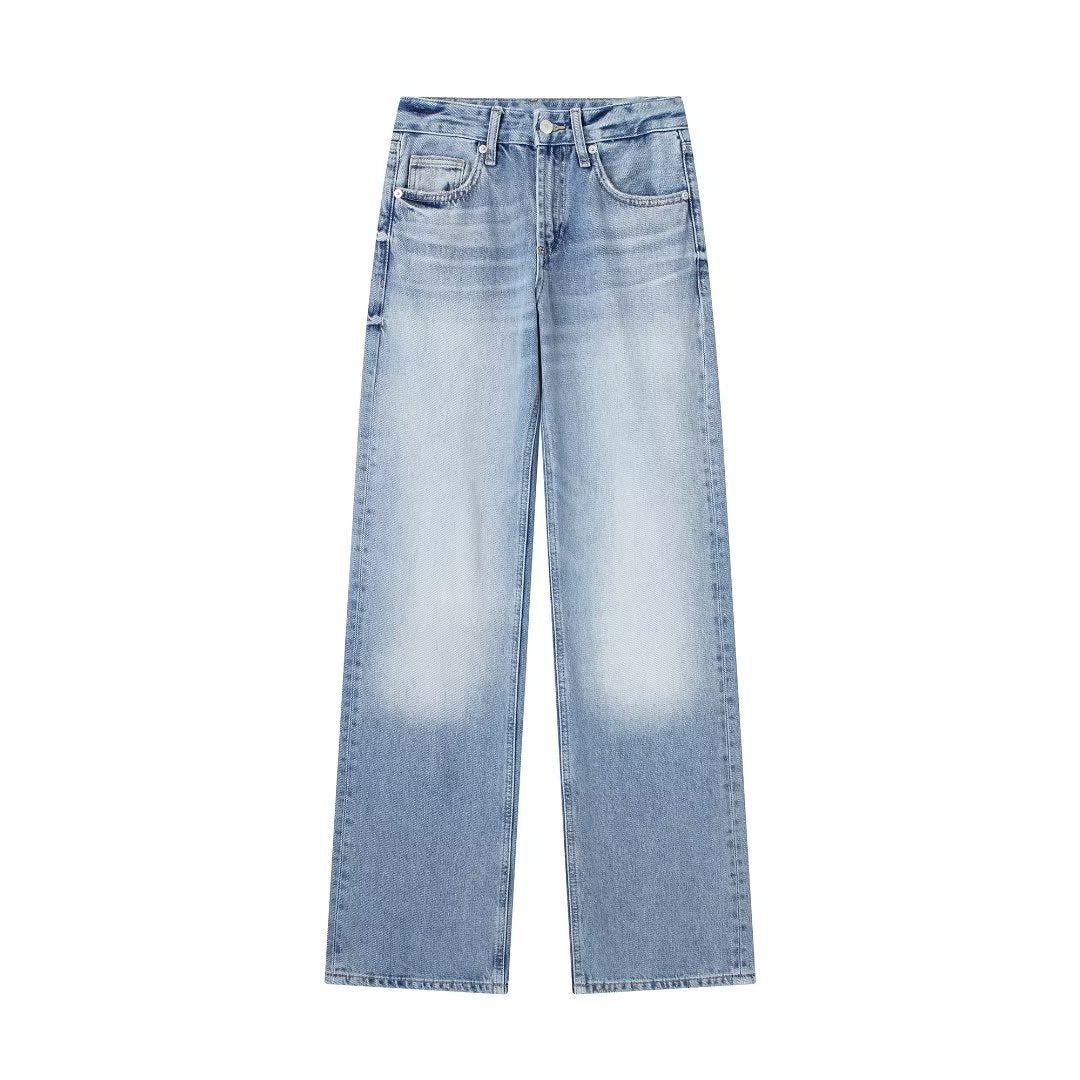 Fashionable wide-leg mid-waist long jeans for women