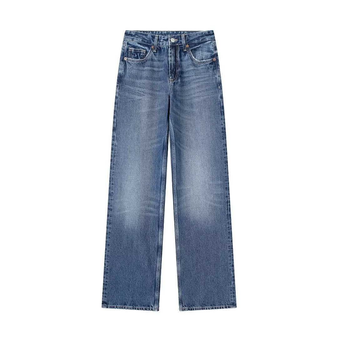 Fashionable wide-leg mid-waist long jeans for women