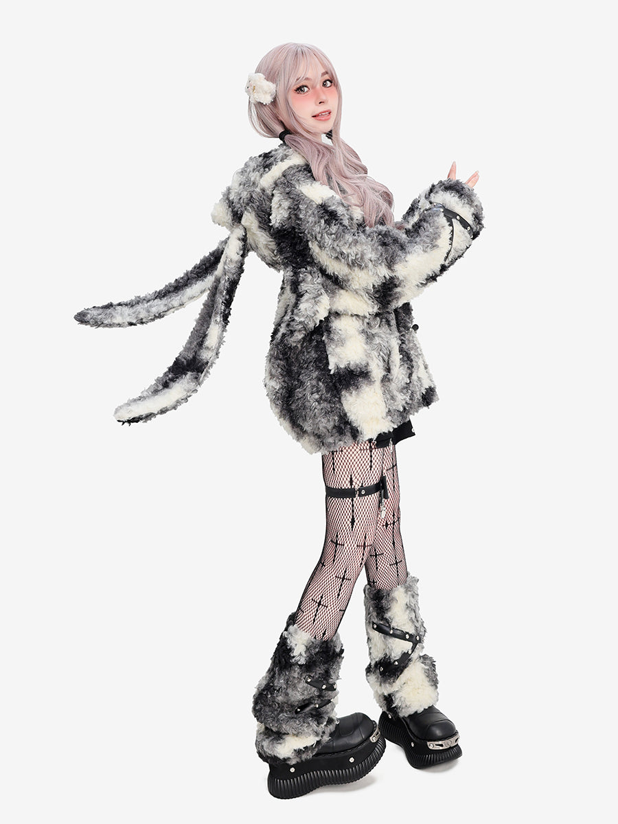Faux Rabbit Fur Hooded Coat with Leg Warmers