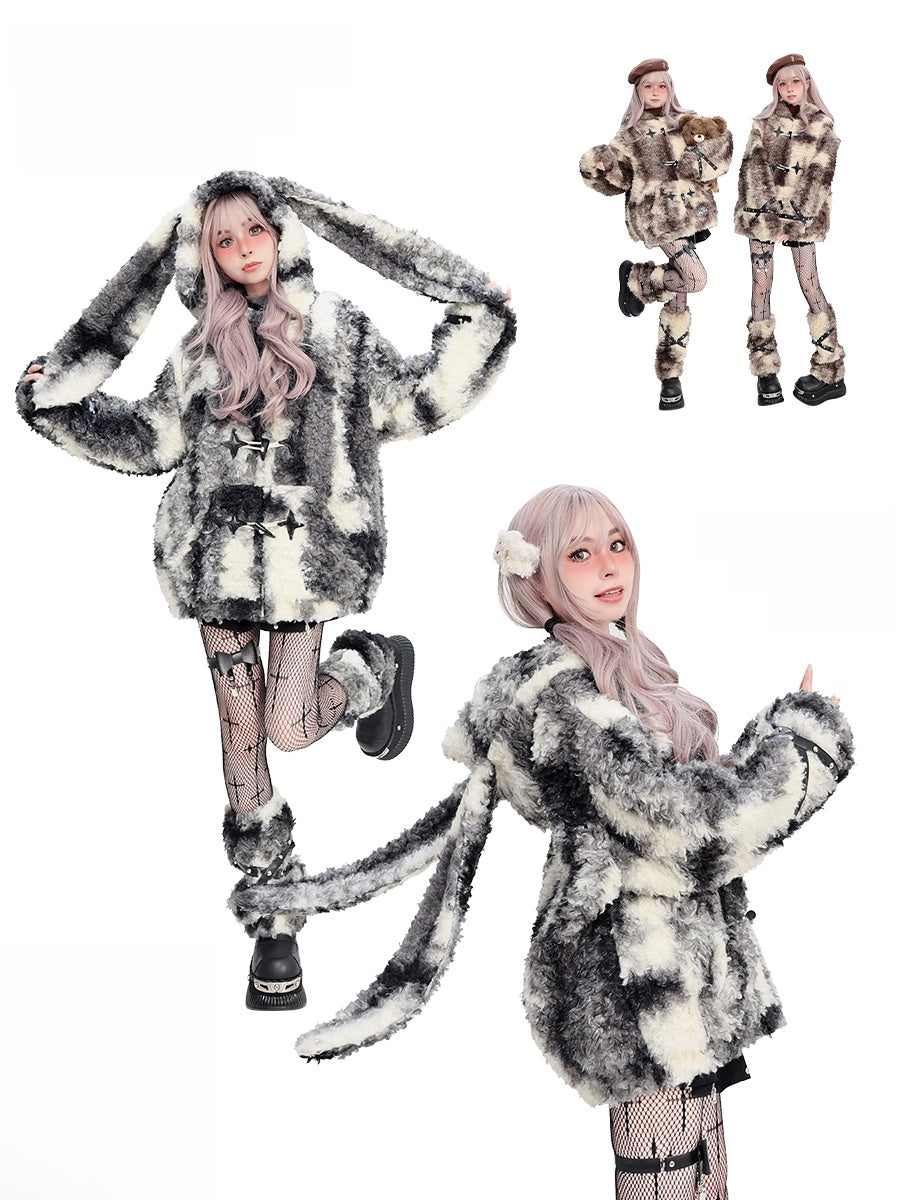 Faux Rabbit Fur Hooded Coat with Leg Warmers
